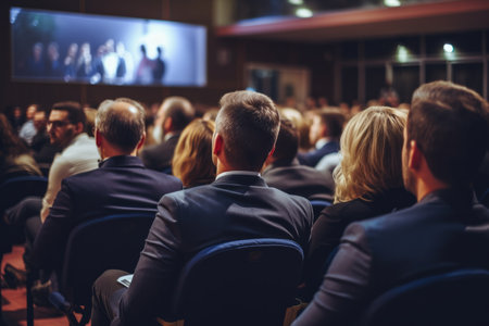 rear view of an audience in a conference hall listening to a business speakerの素材
