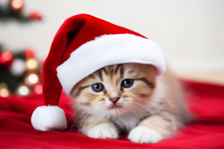 Cute little festive kitten wearing a Father Christmas santa hatの素材
