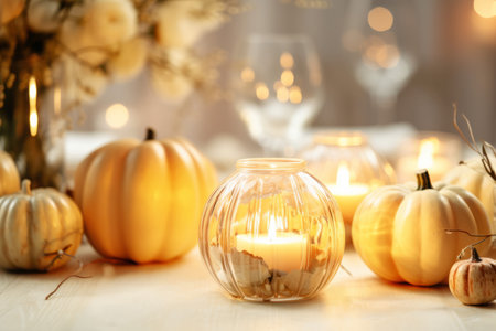 Autumn table decoration with pumpkins for halloween and thanksgivingの素材