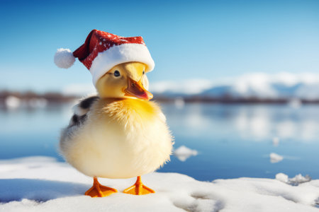 Cute little festive duck wearing a Father Christmas santa hatの素材