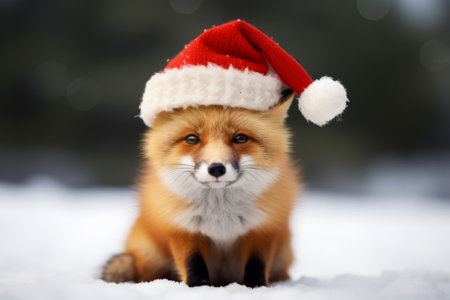 Portrait of an adorable festive Christmas fox wearing a Santa hat in a winter sceneの素材