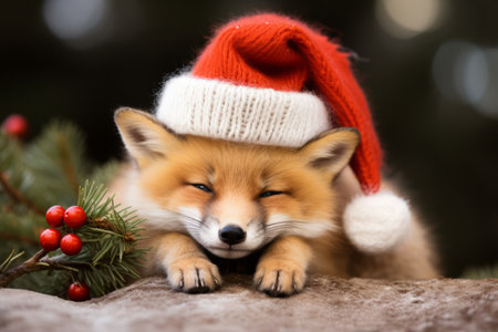 Portrait of an adorable festive Christmas fox wearing a Santa hat in a winter sceneの素材