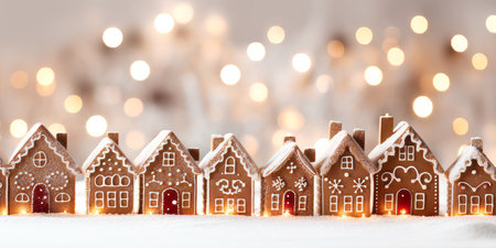A row of gingerbread festive christmas houses with bokeh lights in the backgroundの素材