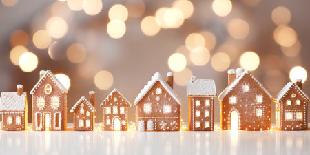 A row of gingerbread festive christmas houses with bokeh lights in the backgroundの素材