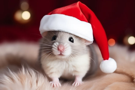 Cute festive Christmas mouse wearing a Santa hatの素材