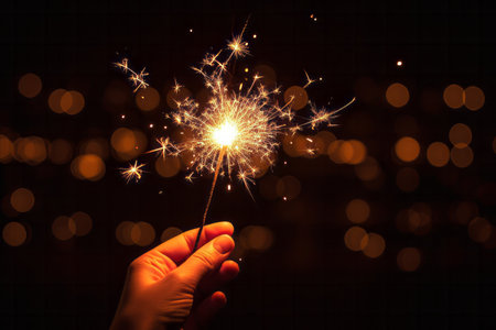 Hands holding a bright festive sparkler for Christmas or New Years Eve eventの素材