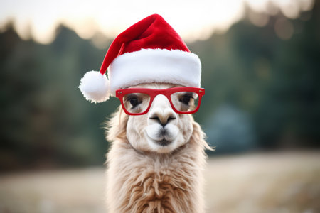 A portrait of a festive llama wearing a Christmas santa hatの素材