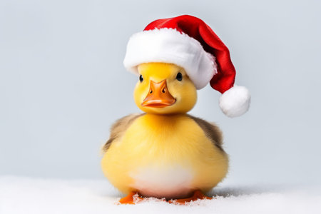 Cute little festive duck wearing a Father Christmas santa hatの素材