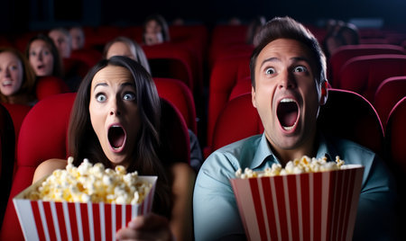 A couple with a surprised expression watching a movie in a cinema with popcornの素材