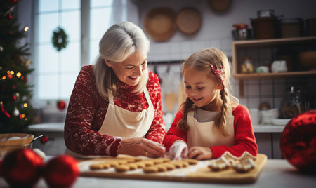 Caucasian grandmother baking cookies at Christmas with granddaughter. Festive bakingの素材