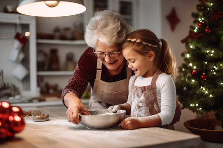 Caucasian grandmother baking cookies at Christmas with granddaughter. Festive bakingの素材