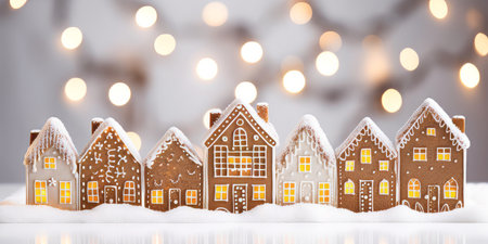 A row of gingerbread festive christmas houses with bokeh lights in the backgroundの素材