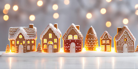A row of gingerbread festive christmas houses with bokeh lights in the backgroundの素材