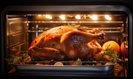 Christmas or Thanksgiving festive turkey cooking in an ovenの素材