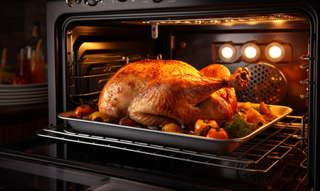 Christmas or Thanksgiving festive turkey cooking in an ovenの素材