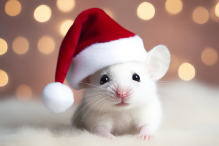 Cute festive Christmas mouse wearing a Santa hatの素材
