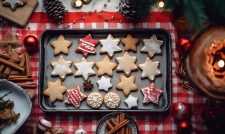 Overhead view of christmas star shaped cookies being prepared in a festive kitchenの素材