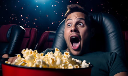 Portrait of a person with a shocked or scared expression watching a film in a cinemaの素材