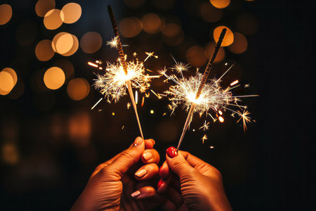 Hands holding a bright festive sparkler for Christmas or New Years Eve eventの素材