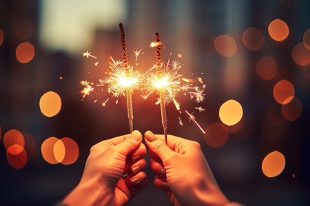 Hands holding a bright festive sparkler for Christmas or New Years Eve eventの素材
