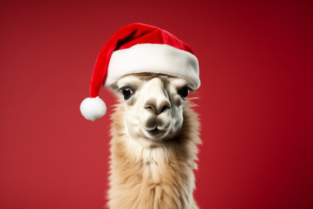 A portrait of a festive llama wearing a Christmas santa hatの素材