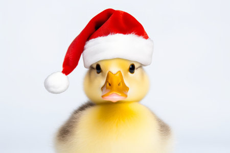 Cute little festive duck wearing a Father Christmas santa hatの素材