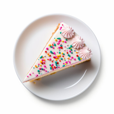 Overhead view of a slice of birthday celebration cake isolated against a plain white backgroundの素材
