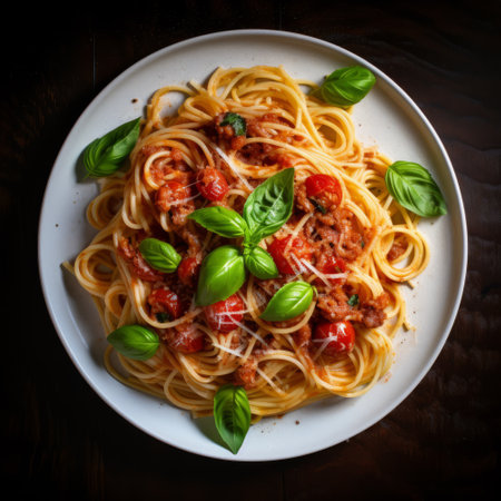 overhead view of a plate of fresh Italian spaghetti and sauceの素材
