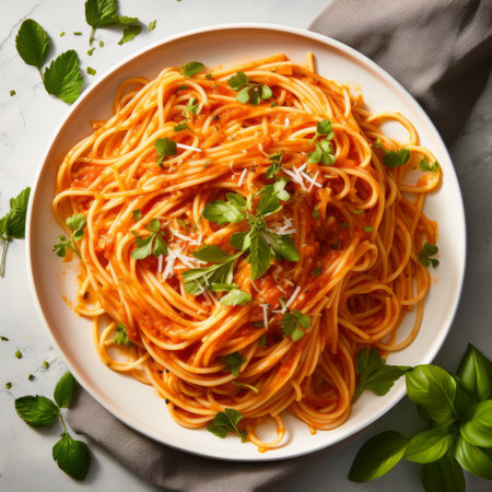 overhead view of a plate of fresh Italian spaghetti and sauceの素材