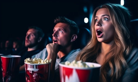 A couple with a surprised expression watching a movie in a cinema with popcornの素材