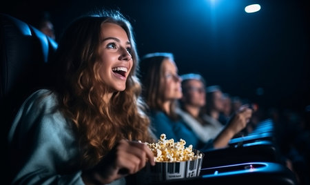 A young woman watching a movie in a cinema with popcorn and an amazed expressionの素材