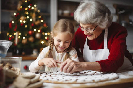 Caucasian grandmother baking cookies at Christmas with granddaughter. Festive bakingの素材