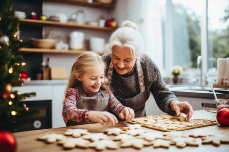 Caucasian grandmother baking cookies at Christmas with granddaughter. Festive bakingの素材