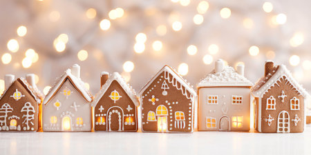 A row of gingerbread festive christmas houses with bokeh lights in the backgroundの素材