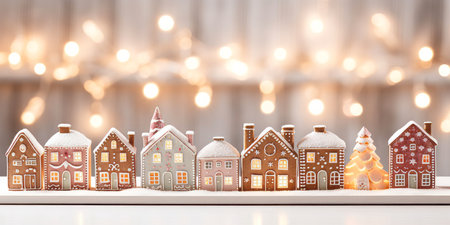 A row of gingerbread festive christmas houses with bokeh lights in the backgroundの素材