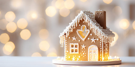 A festive christmas gingerbread house decorated with white icingの素材