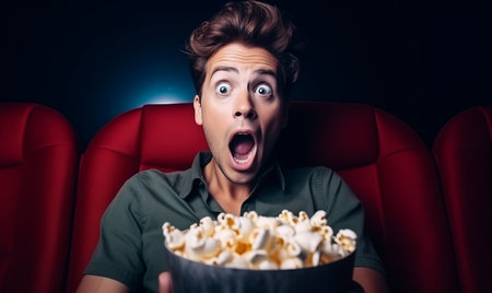 Portrait of a person with a shocked or scared expression watching a film in a cinemaの素材