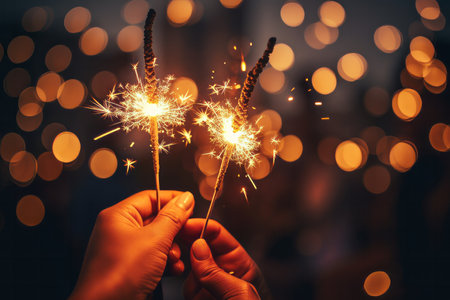 Hands holding a bright festive sparkler for Christmas or New Years Eve eventの素材