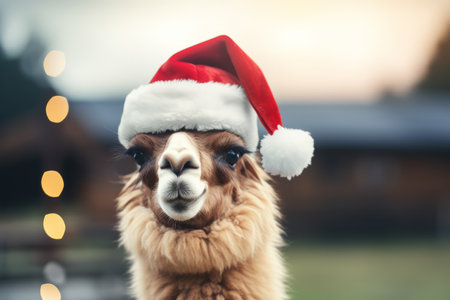 A portrait of a festive llama wearing a Christmas santa hatの素材