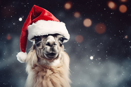 A portrait of a festive llama wearing a Christmas santa hatの素材