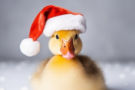 Cute little festive duck wearing a Father Christmas santa hatの素材