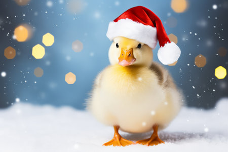 Cute little festive duck wearing a Father Christmas santa hatの素材