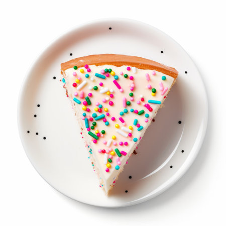 Overhead view of a slice of birthday celebration cake isolated against a plain white backgroundの素材