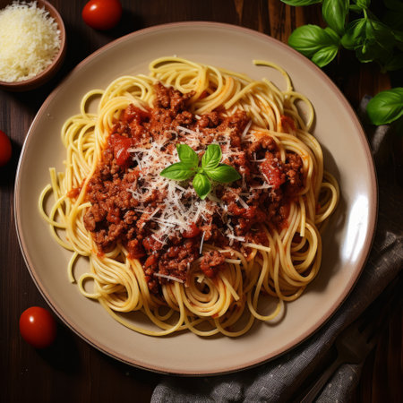 overhead view of a plate of fresh Italian spaghetti and sauceの素材