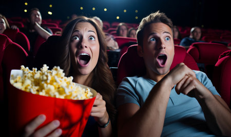 A couple with a surprised expression watching a movie in a cinema with popcornの素材