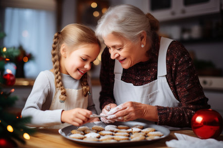 Caucasian grandmother baking cookies at Christmas with granddaughter. Festive bakingの素材