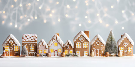A row of gingerbread festive christmas houses with bokeh lights in the backgroundの素材