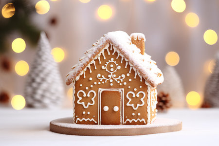 A festive christmas gingerbread house decorated with white icingの素材