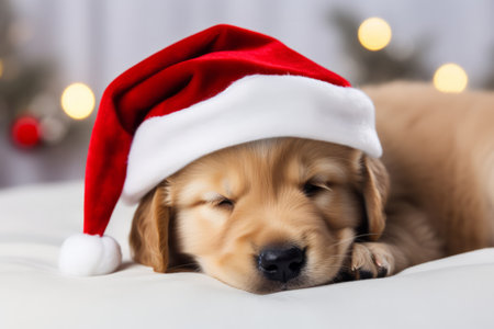 Cute little festive puppy dog wearing a Father Christmas santa hatの素材