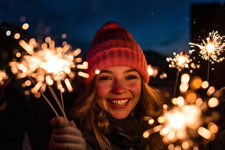 Portrait of a young woman celebrating new years eve with sparklersの素材